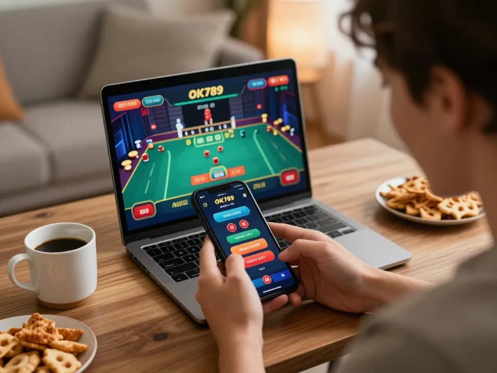 Engaged user placing bets on OK789 mobile casino app at home.