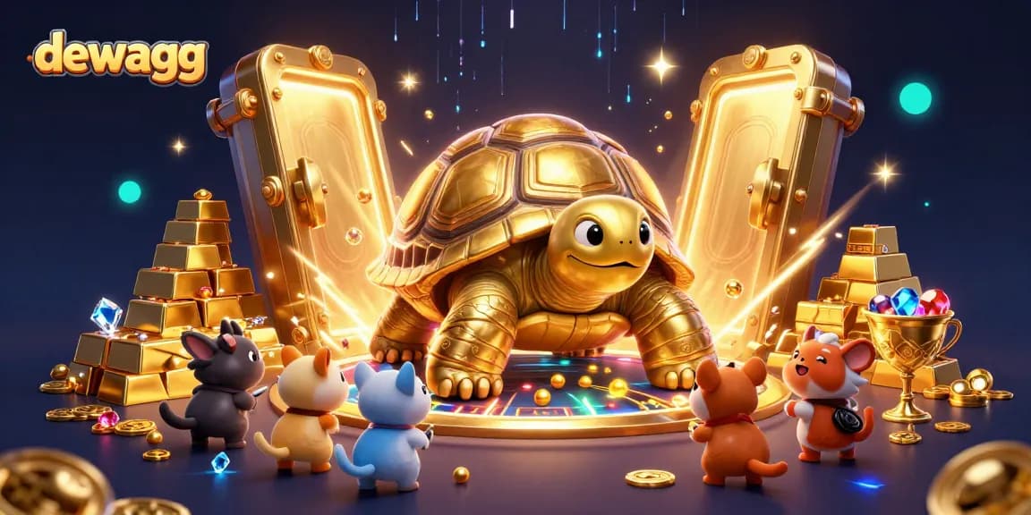 Dewagg captures thrilling gaming excitement with vibrant 3D illustration of a golden tortoise pinball machine.