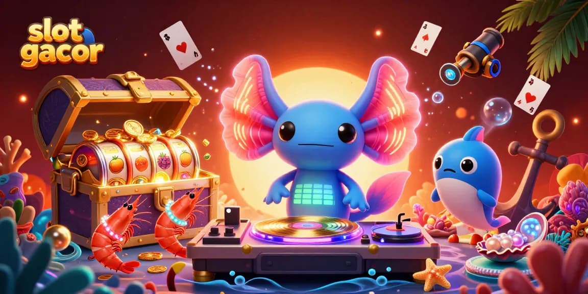 Bermain slot gacor dengan keseruan jackpot, dikelilingi oleh karakter animasi ceria dan elemen permainan.
