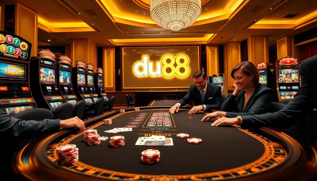 Players enjoying a luxurious gaming experience at du88 casino with poker chips and roulette wheel in view.