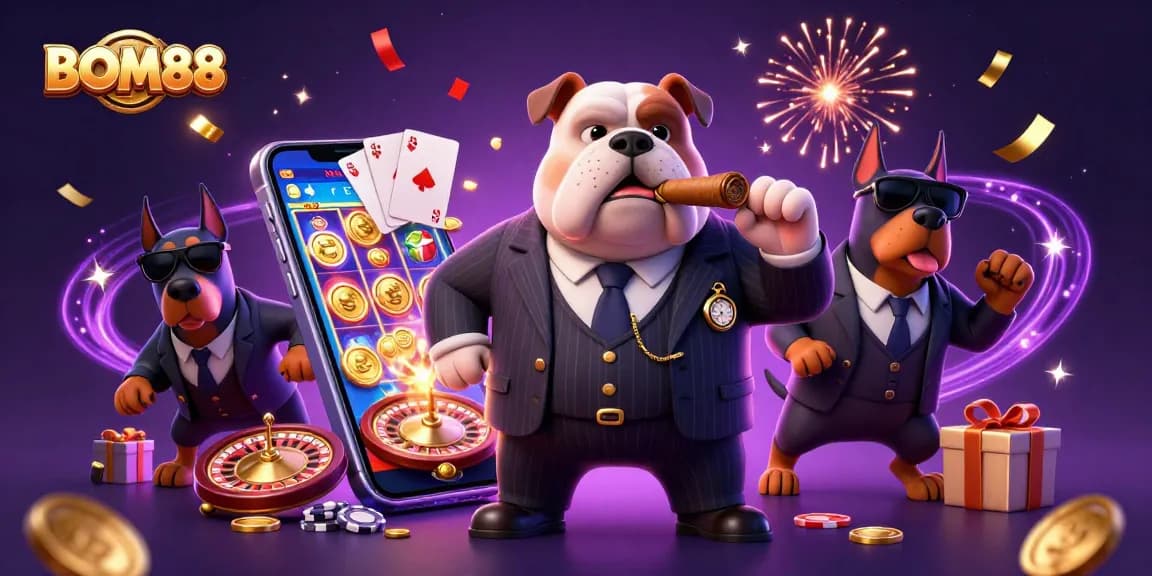 BOM88 offers thrilling slots and casino action with a vibrant, dynamic digital illustration featuring iconic characters.