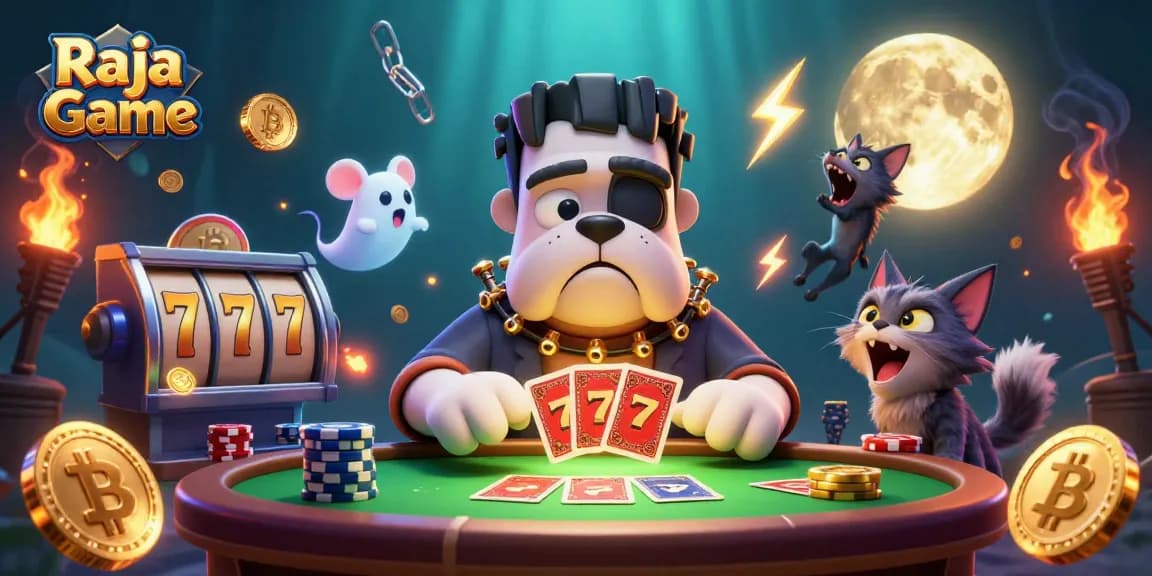 Experience the thrill at Raja Game with a unique card-dealing scene featuring animated characters and casino elements.