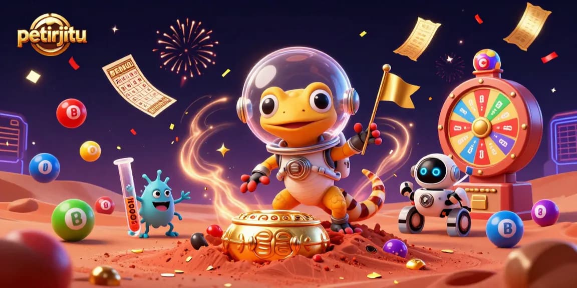 petirjitu menampilkan gecko Mars 3D menemukan kasino emas ditutupi pasir merah.