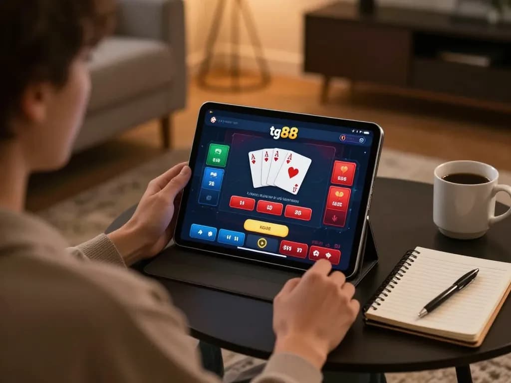 Engaging with tg88 casino app on a tablet while tracking betting strategy in a cozy home setting.