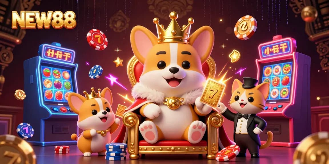Engaging illustration of NEW88 with a royal corgi on a throne of poker chips amongst vibrant casino elements.
