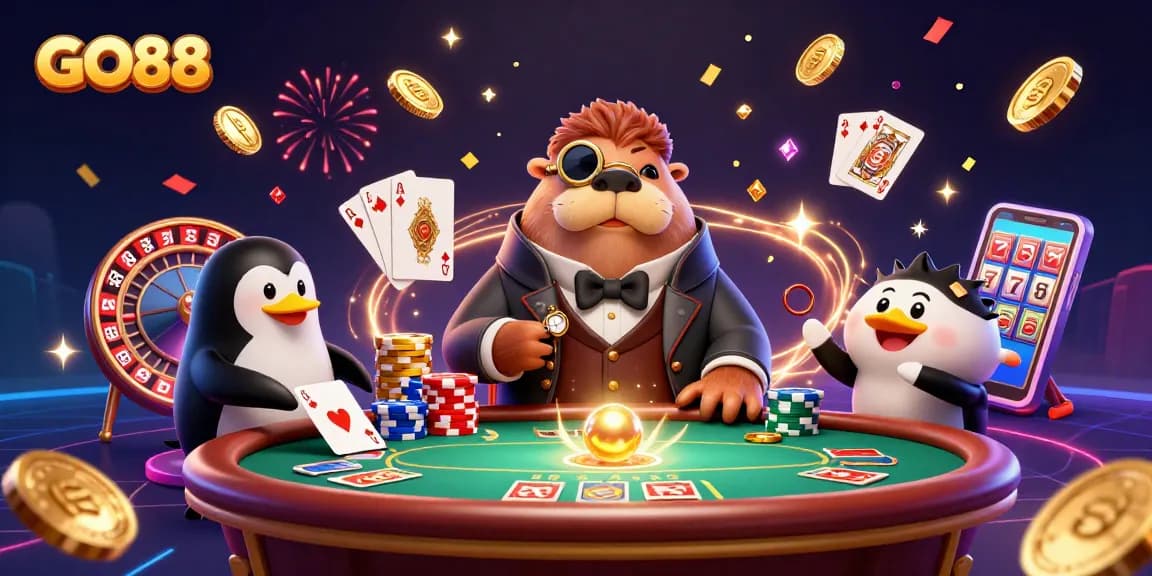 Engage in the exciting game at GO88 with a vibrant underwater poker scene featuring a walrus, penguin dealer, and pufferfish player.