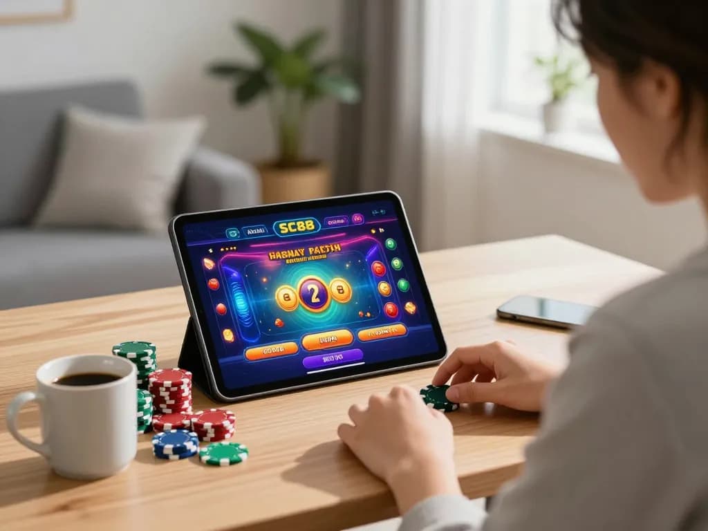 Player engaging with SC88 app for online casino gaming, showing poker chips and intense focus