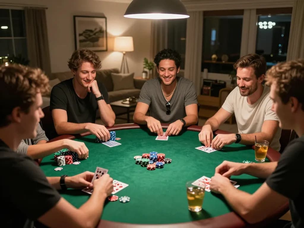 Friends enjoying a competitive poker night at home, reflecting the casinoatlas experience of social gambling.
