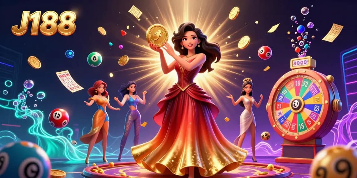 Engage with J188's vibrant gaming scene featuring a stunning Asian woman and dynamic lottery elements.