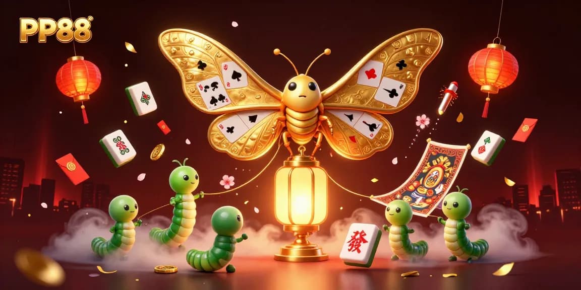 Engage in thrilling games at PP88 with a mesmerizing 3D illustration showing an atlas moth among vibrant casino elements.