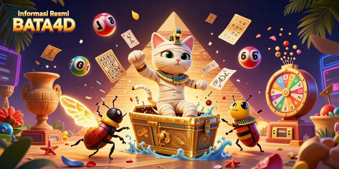 Informasi Resmi BATA4D menampilkan kucing mumi dan elemen kasino dalam ilustrasi yang dinamis.
