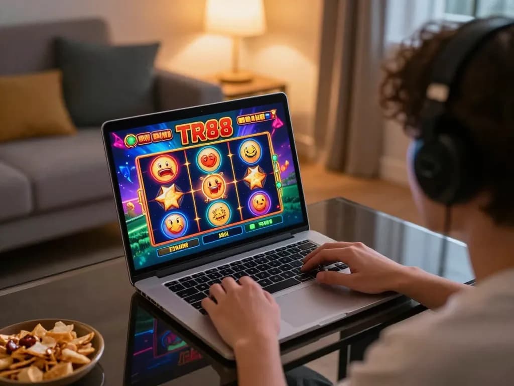 Engaging online gaming scene featuring a captivating TR88 slot machine on a laptop in a cozy setting.