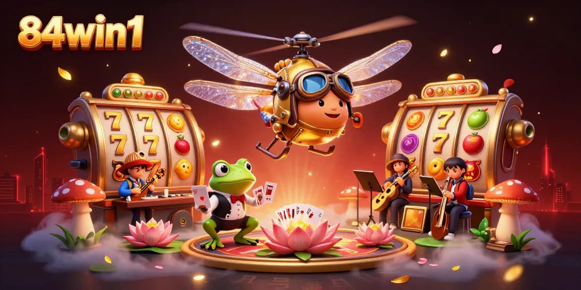 Experience the thrilling action at 84win1 with dynamic slot reels and vibrant casino elements in a rich visual scene.