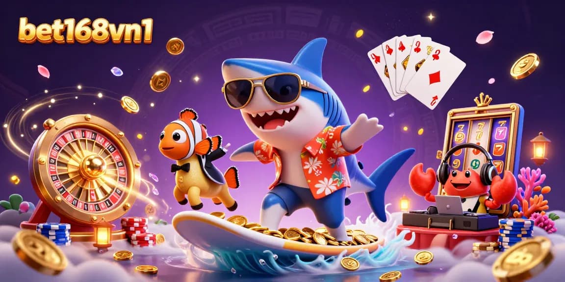 Bet168vn1 showcases an exciting casino scene with vibrant characters surfing waves of gold coins and spinning roulette.