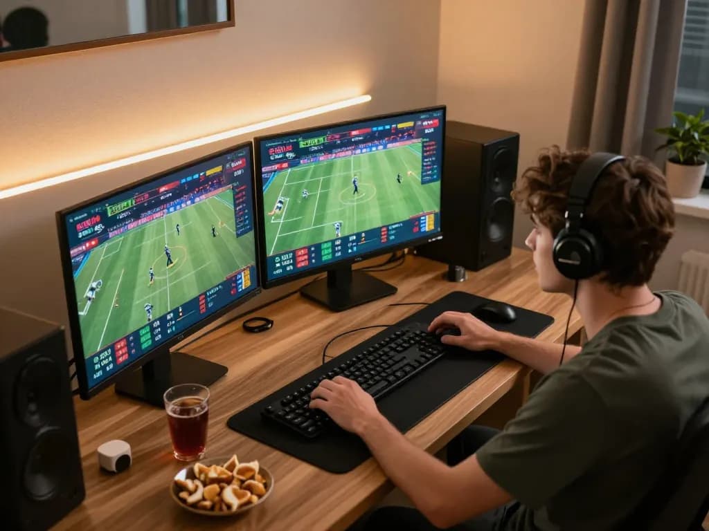 spinadvisor player analyzing live betting odds on multiple screens in a modern home office.