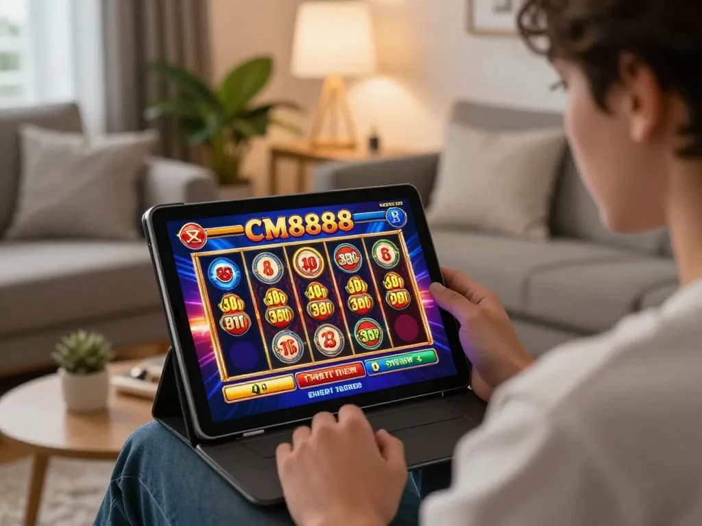 Engaging online gameplay with CM8888 on a tablet, showcasing excitement and strategy in a cozy setting.