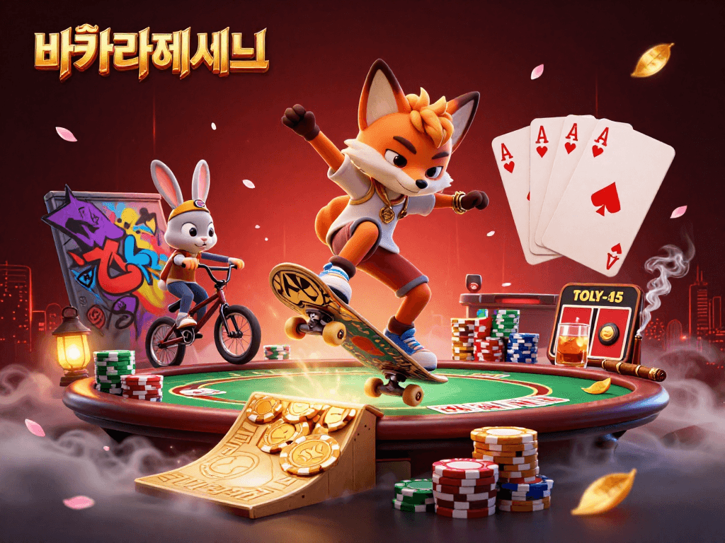 바카라사이트에서 판돈을 거는 스케이트보드를 타는 여우와 BMX 토끼가 어우러진 재미있는 장면