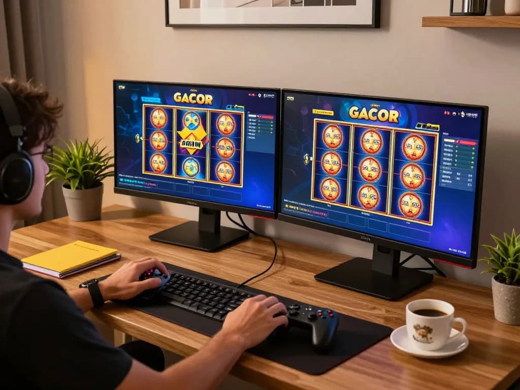 Engaging player enjoying slot gacor hari ini gameplay on dual monitors in cozy home setup.