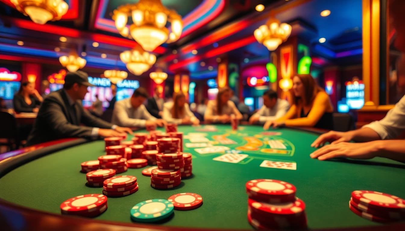 Slot deposit 5000 di meja poker yang megah, menampilkan suasana kasino yang ramai.