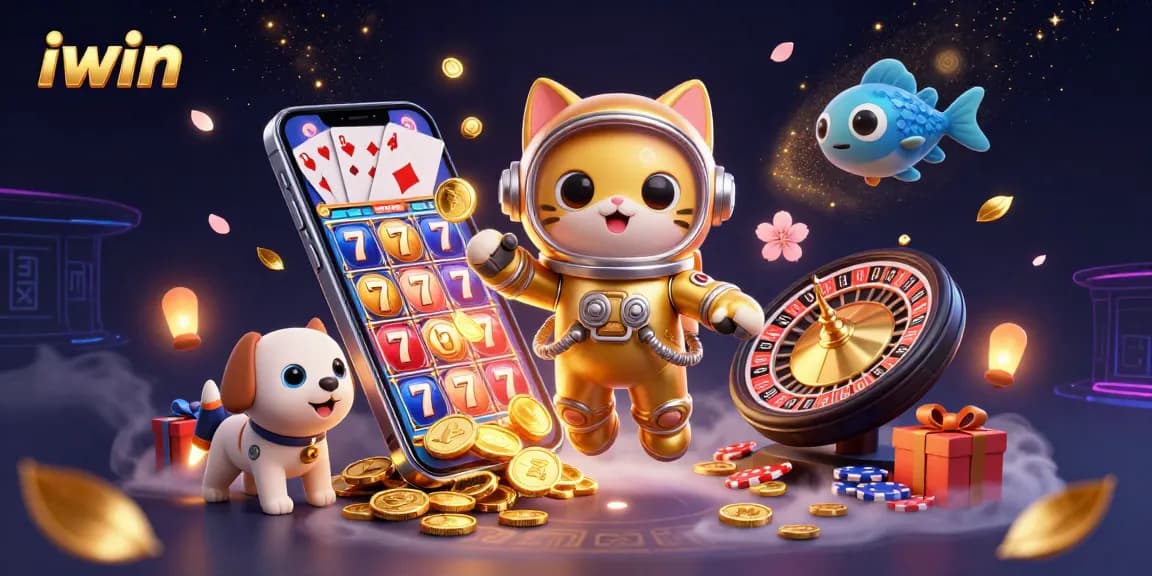 Engage in iwin's thrilling gaming experience featuring a space cat and lucrative slot symbols.