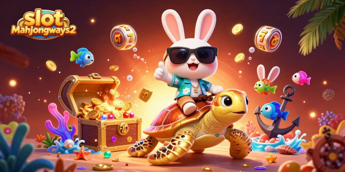 Join the fun with slot-mahjongways2, featuring a lucky rabbit and a golden turtle amidst casino riches.
