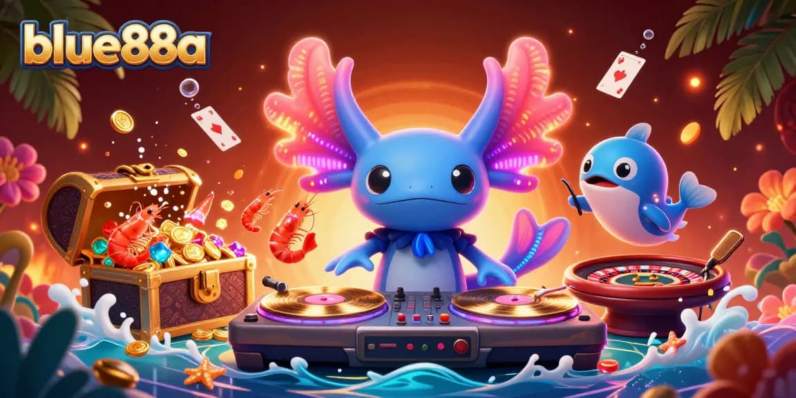 Engage with blue88a's vibrant casino scene featuring a DJ axolotl and exciting game elements.