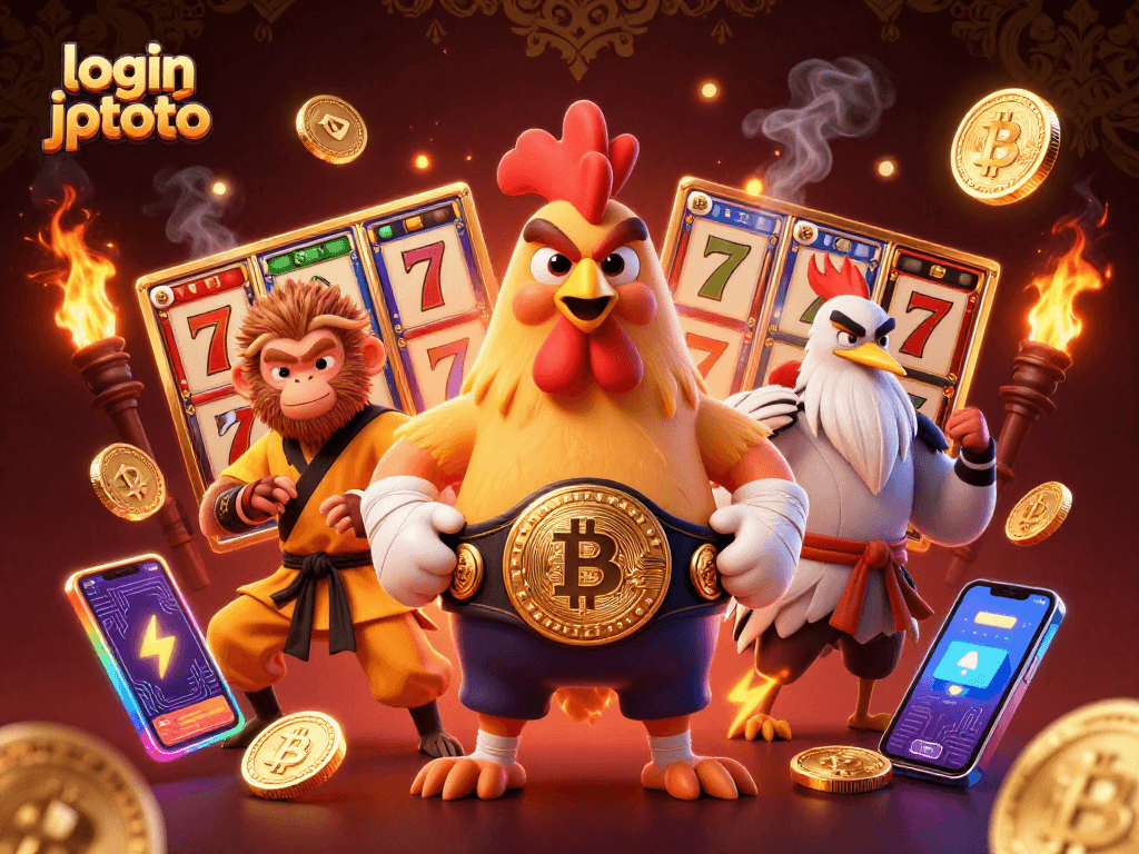 Experience the excitement of login jptoto with dynamic slot games and engaging characters in a vibrant scene.