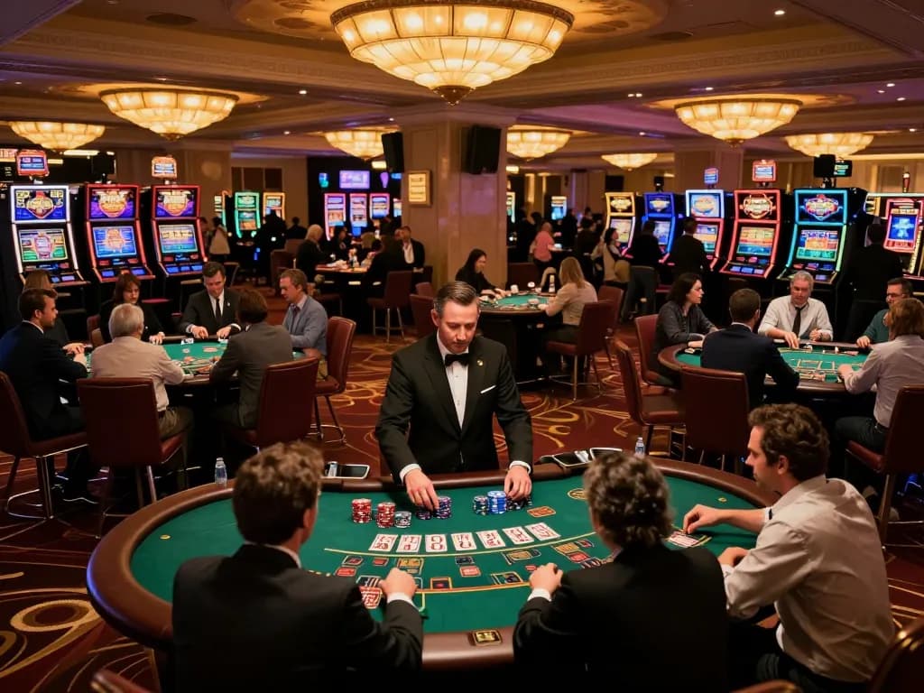 Players strategically betting at God55 blackjack tables in a vibrant casino.
