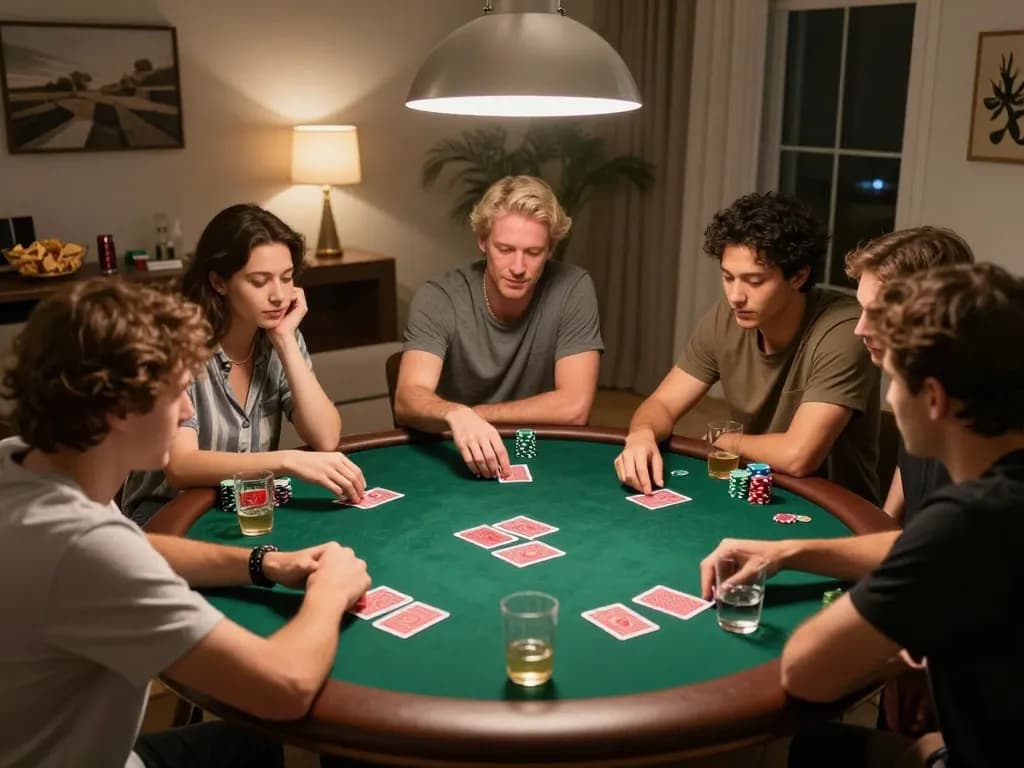 Players enjoying a lively home poker night while using win55 strategies for better odds.