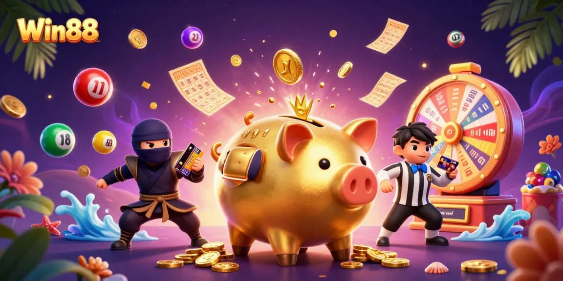Win88 delivers exhilarating moments in a vibrant casino illustration of a golden piggy bank sumo wrestler.
