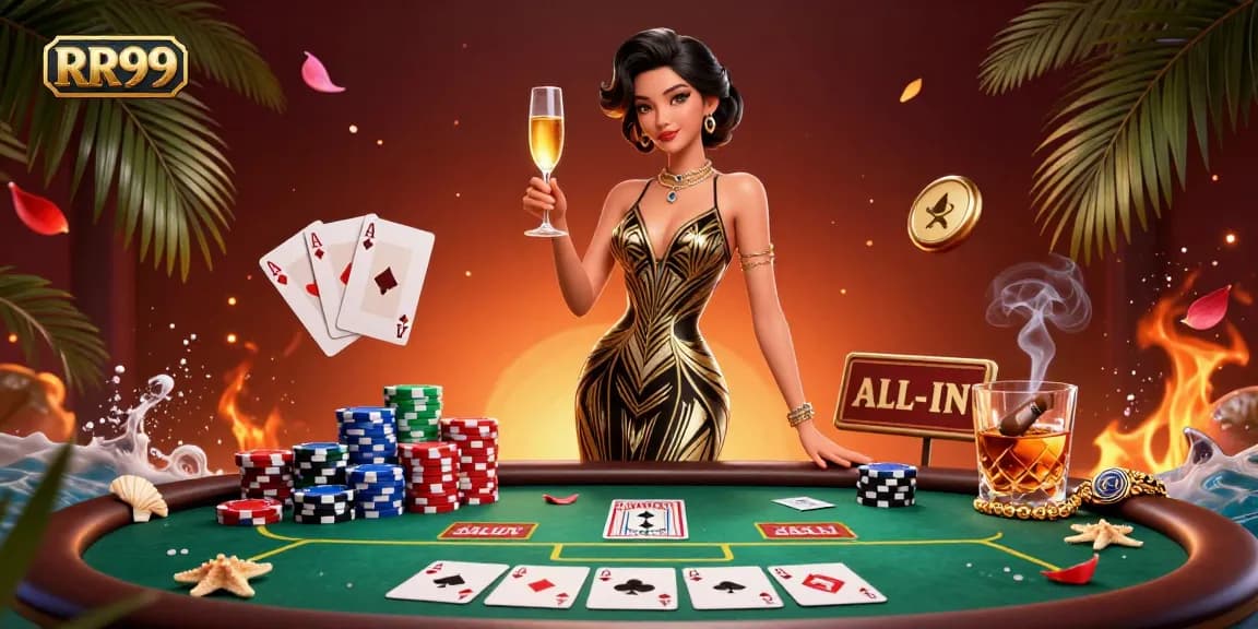 Experience the allure of RR99 with elegant figures and vibrant poker elements in a dynamic casino scene.