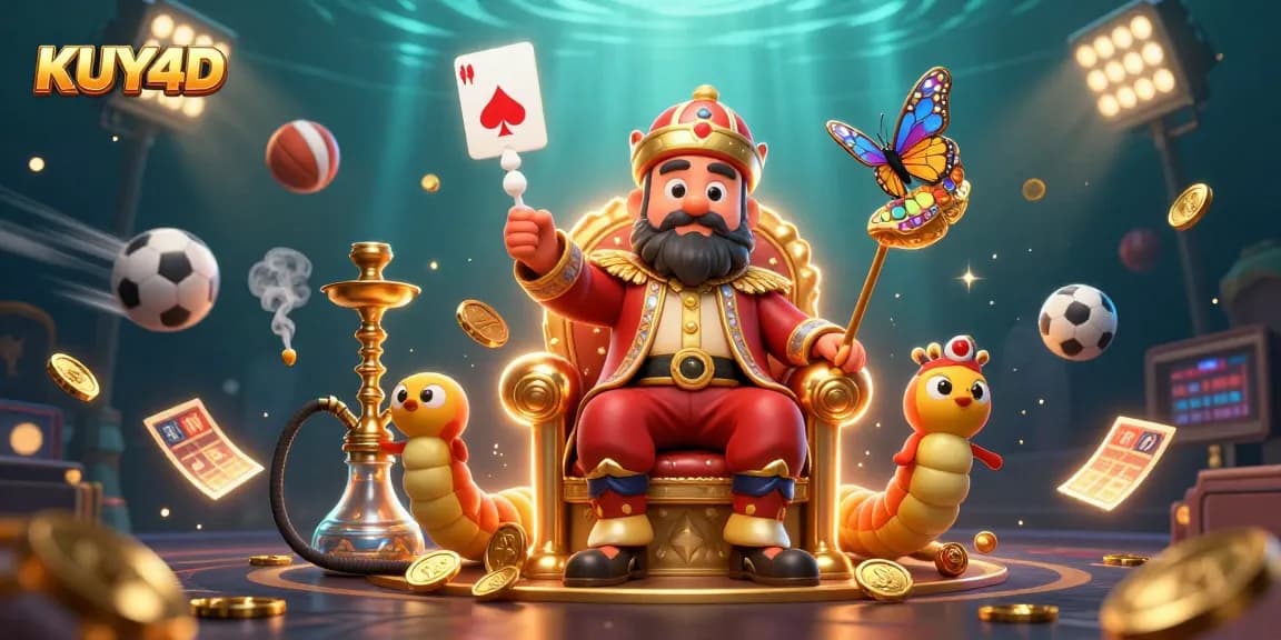 Permainan KUY4D yang menarik dengan karakter unik dan simbol poker yang dinamis.