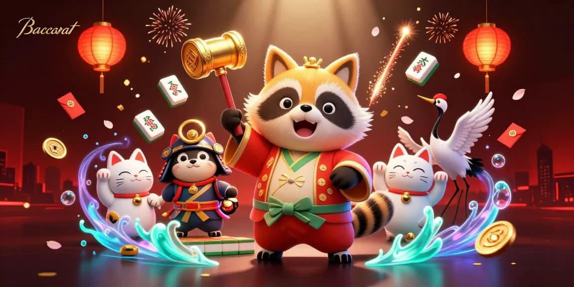 Baccarat illustration featuring a cheerful tanuki with samurai crane and waving fortune cats