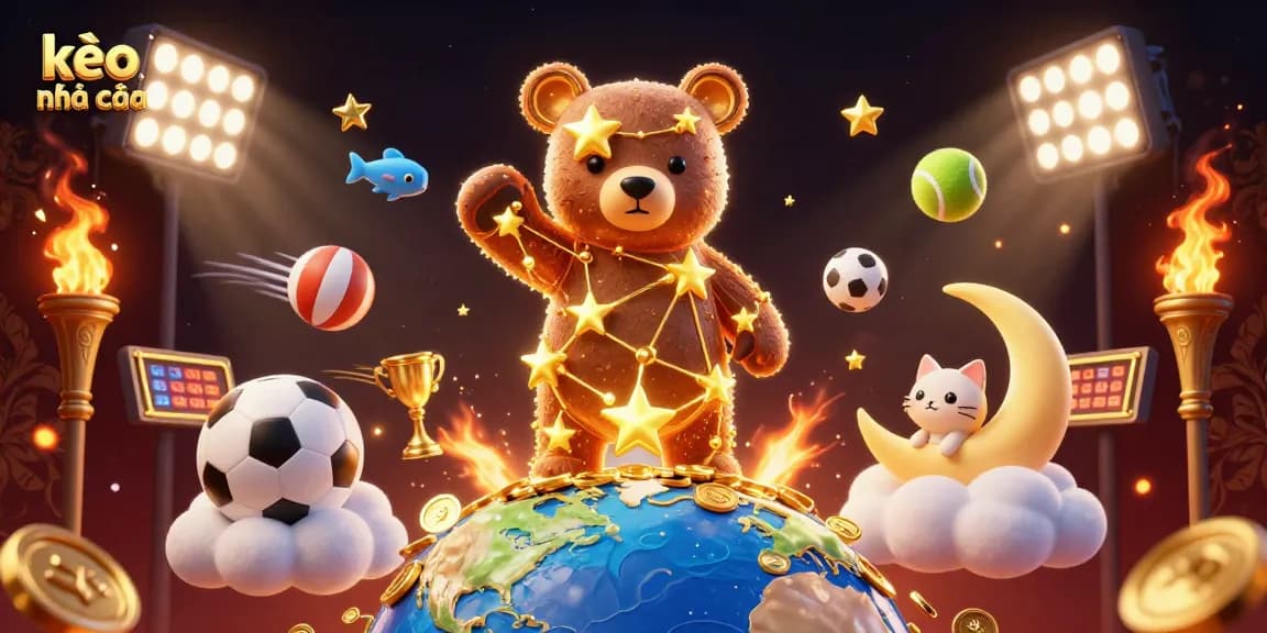 Explore kèo nhà cái in a vibrant 3D illustration filled with dynamic sports elements.