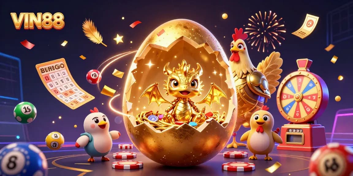 Experience VIN88 with a vibrant 3D illustration showcasing a golden dragon and dynamic gaming elements.