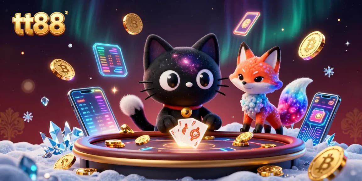 Engage with tt88's cosmic casino where a black hole cat attracts golden chips and cards amidst vibrant game elements.