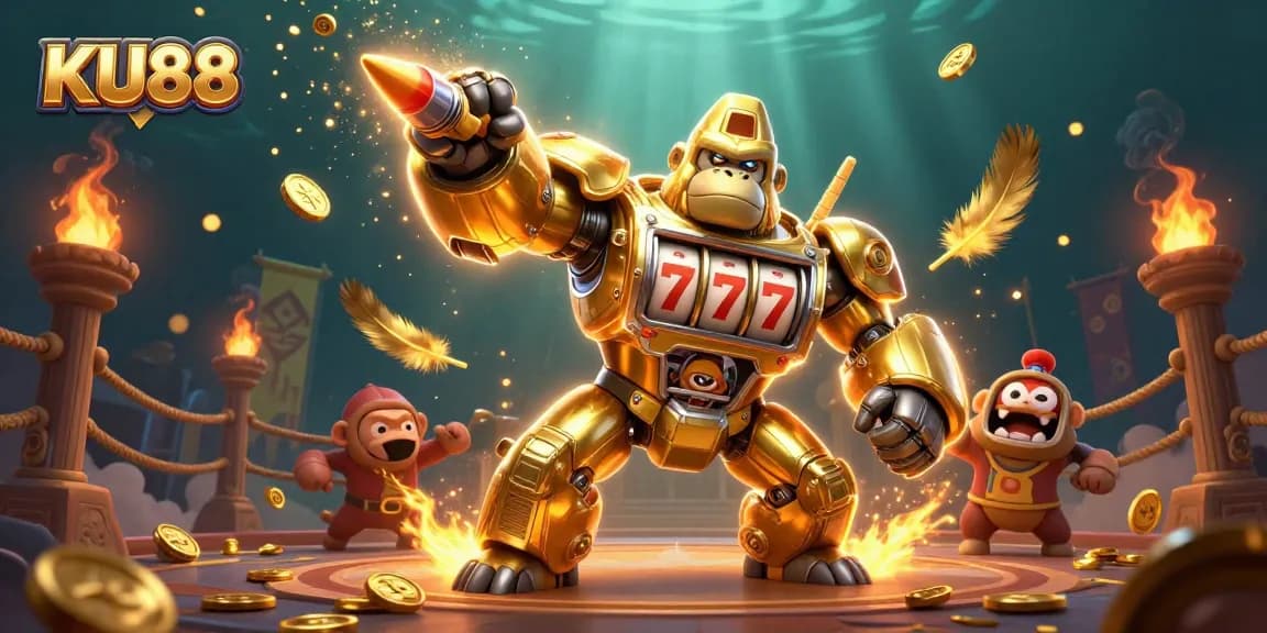 Experience the thrill at KU88 with our dynamic casino-inspired mech illustration.