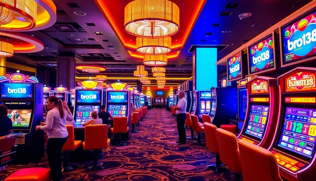Players enjoying the exciting slot machines at bro138 casino with luxurious decor