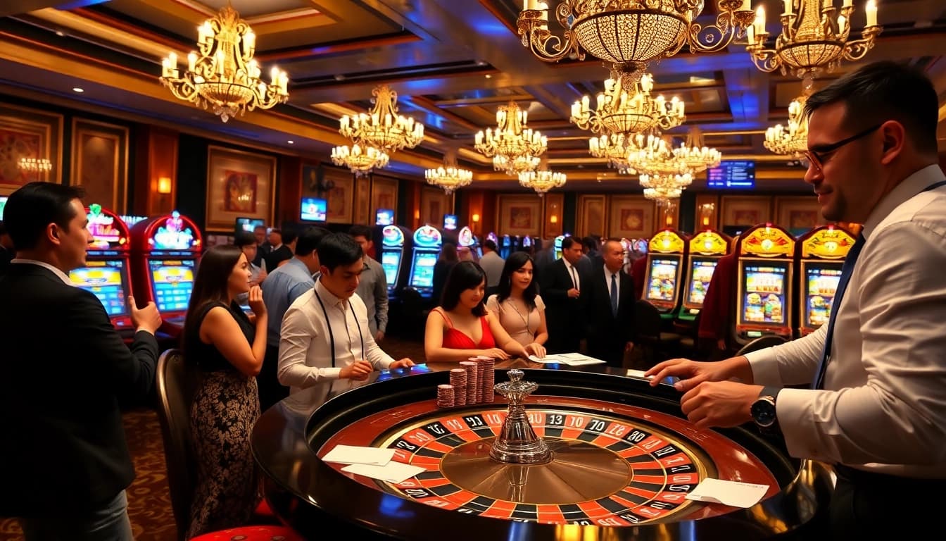 Players enjoying a thrilling game at the MM 88 casino, featuring a roulette table and vibrant chips.