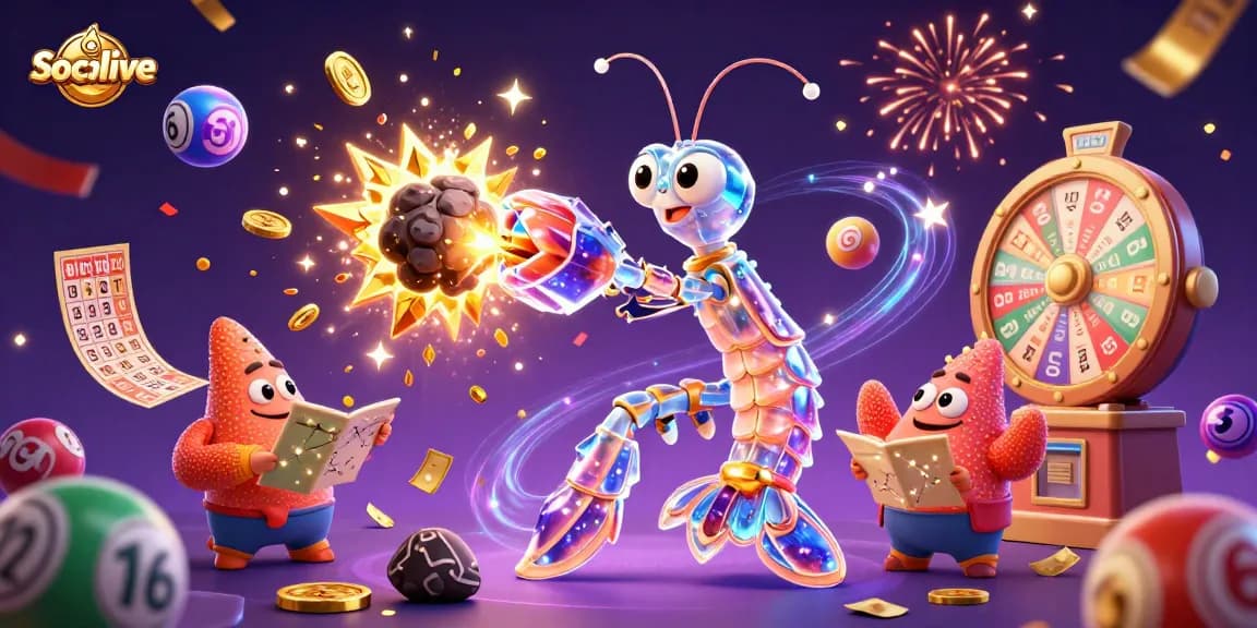 Socolive creates excitement as players engage with vibrant lottery elements and a galactic character in a dynamic scene.