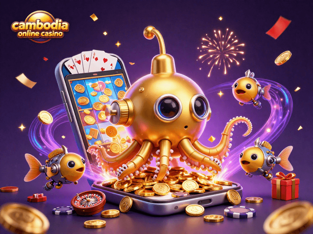 Experience the excitement of a cambodia online casino with vibrant slot games and golden treasures flooding the scene.