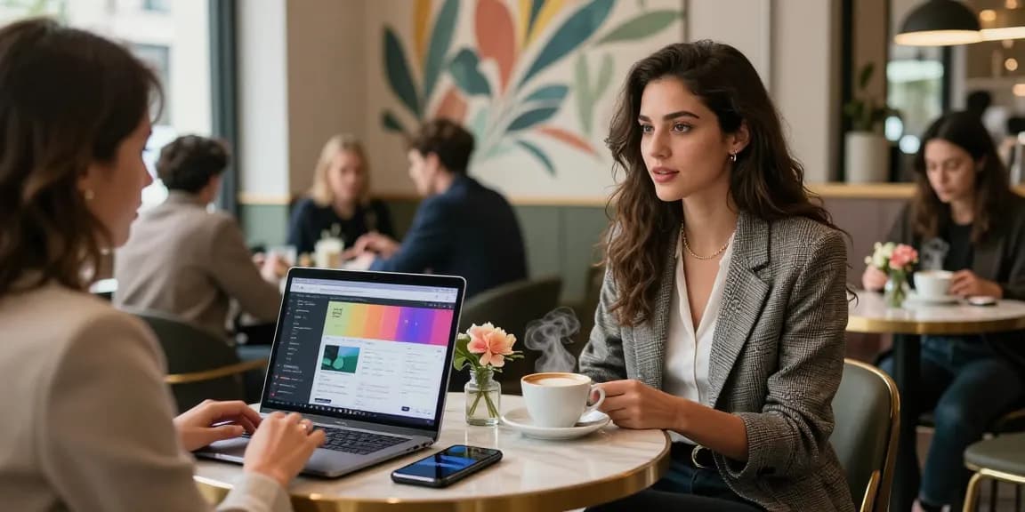 Gái gọi trò chuyện tại quán cà phê hiện đại, laptop bên cạnh với portfolio số trên màn hình.