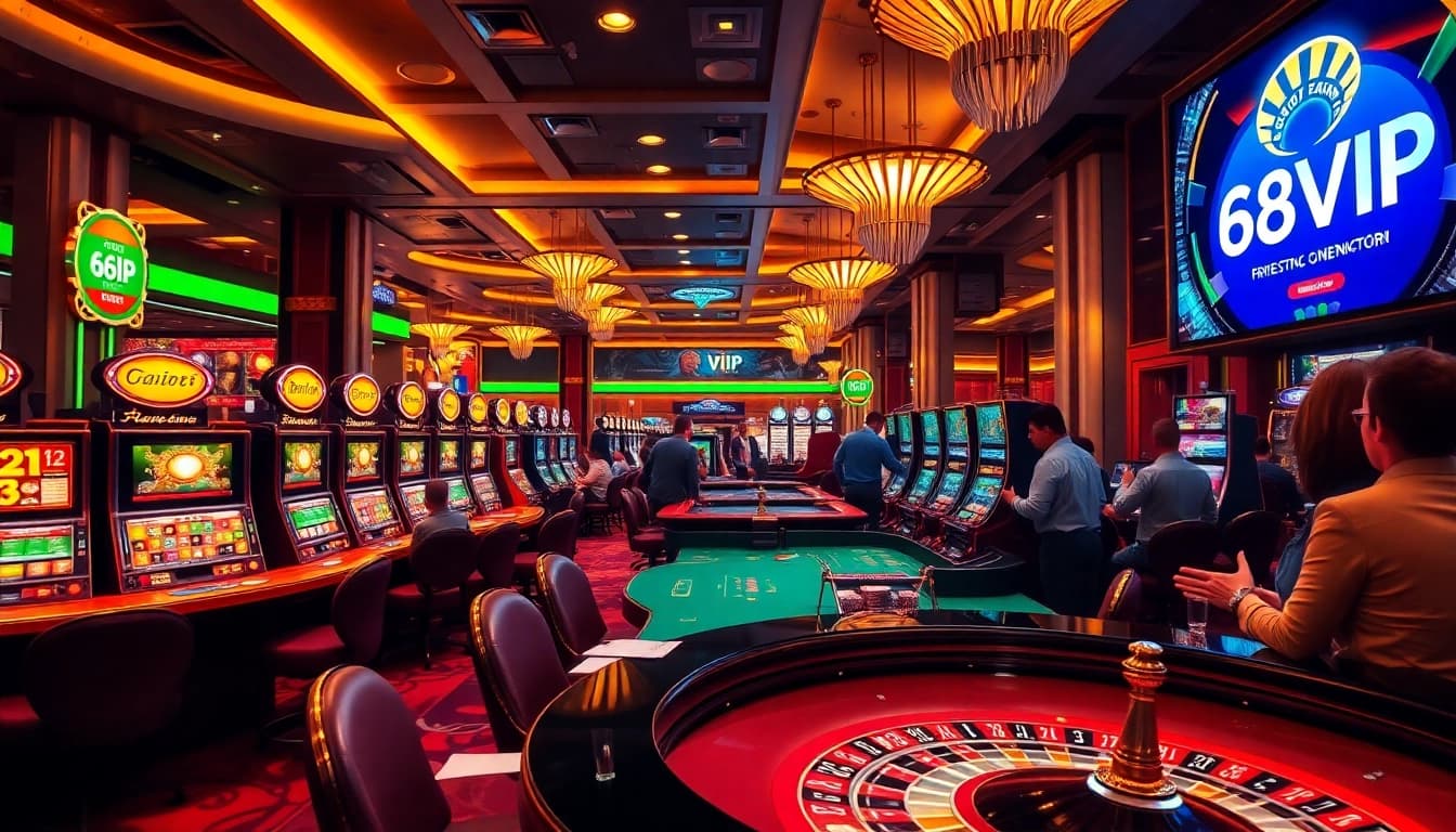 Thrilling casino experience at 68VIP with vibrant slot machines, roulette, and excited players.
