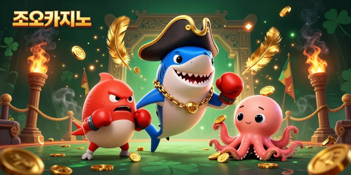 Experience gaming excitement at 조이카지노 with a thrilling illustration of dynamic cartoon characters and casino elements.