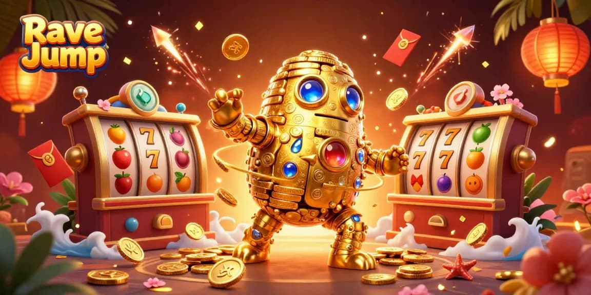 Experience the thrill of Rave Jump with vibrant slot reels and golden golem characters in a festive scene.