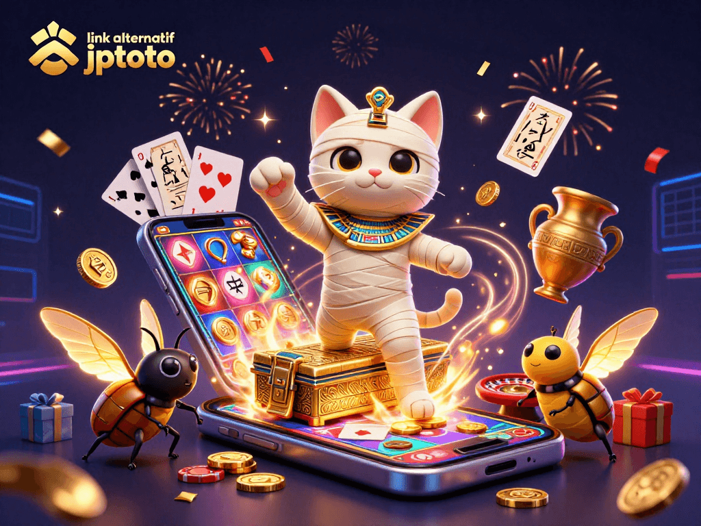 Engage with the exciting gameplay at link alternatif jptoto featuring a cartoon mummy cat and dynamic casino elements.