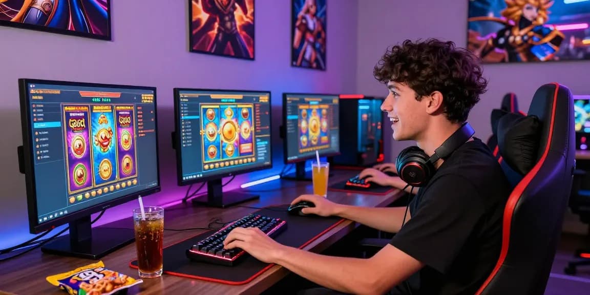 Excited gamer playing slot gacor games at a high-tech gaming setup.