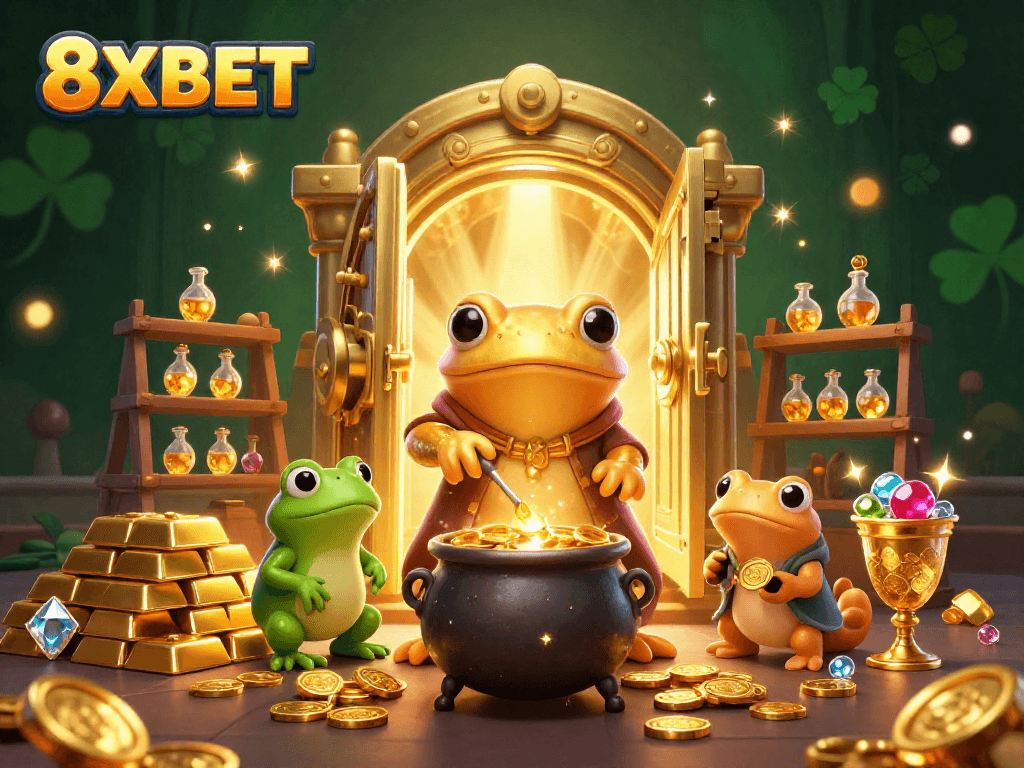 Experience the excitement of 8XBET with golden treasures and dynamic casino elements in a vibrant illustration.