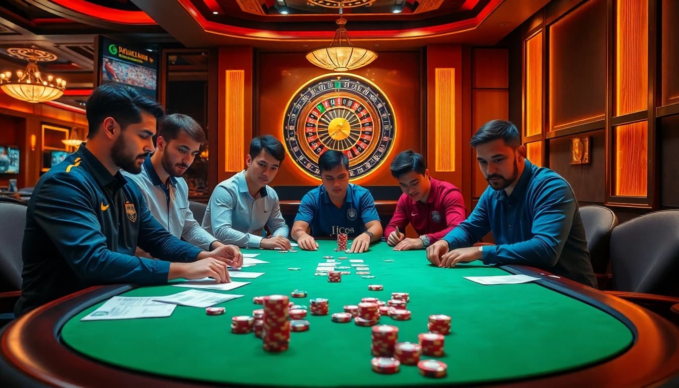 Mastering เทคนิคแทงบอล strategies at a vibrant casino sports betting table with players and soccer elements.