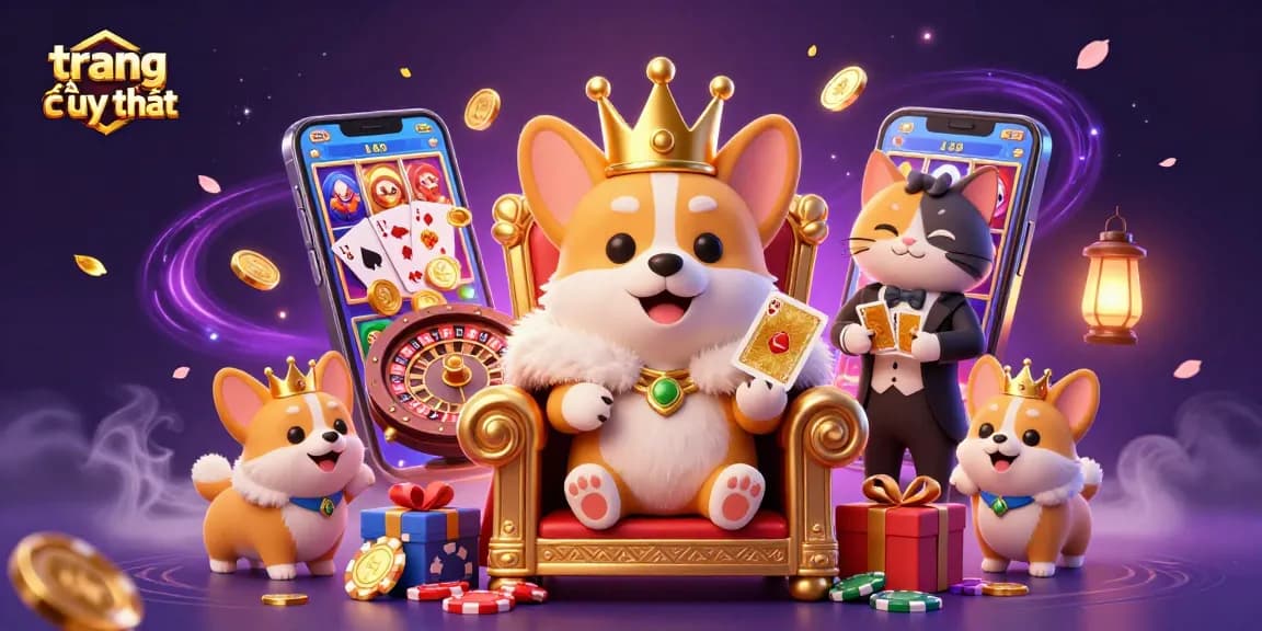 Engage with the vibrant world of trang cá cược uy tín, featuring royal corgis surrounded by lively casino elements.